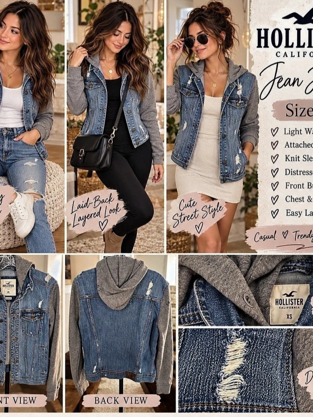 Hollister Hooded Denim Jacket with Gray Knit Sleeves Blue & Gray XS